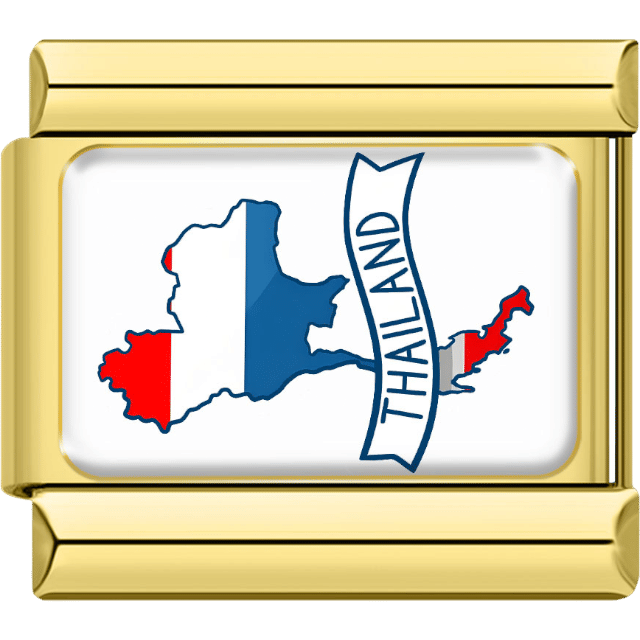 Gold-bordered Italian charm featuring the map of Thailand designed in blue, white and red flag stripes, with a vertical banner reading “Thailand.”